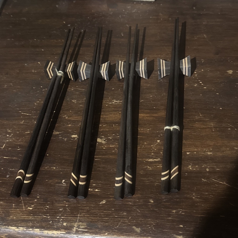 Vintage Wooden Chop Sticks & Resting Blocks With Case 4 Pair Beautiful!